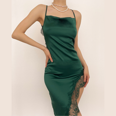 Hem lace slit satin cross open back dress  | black rave dress  | black rave dress