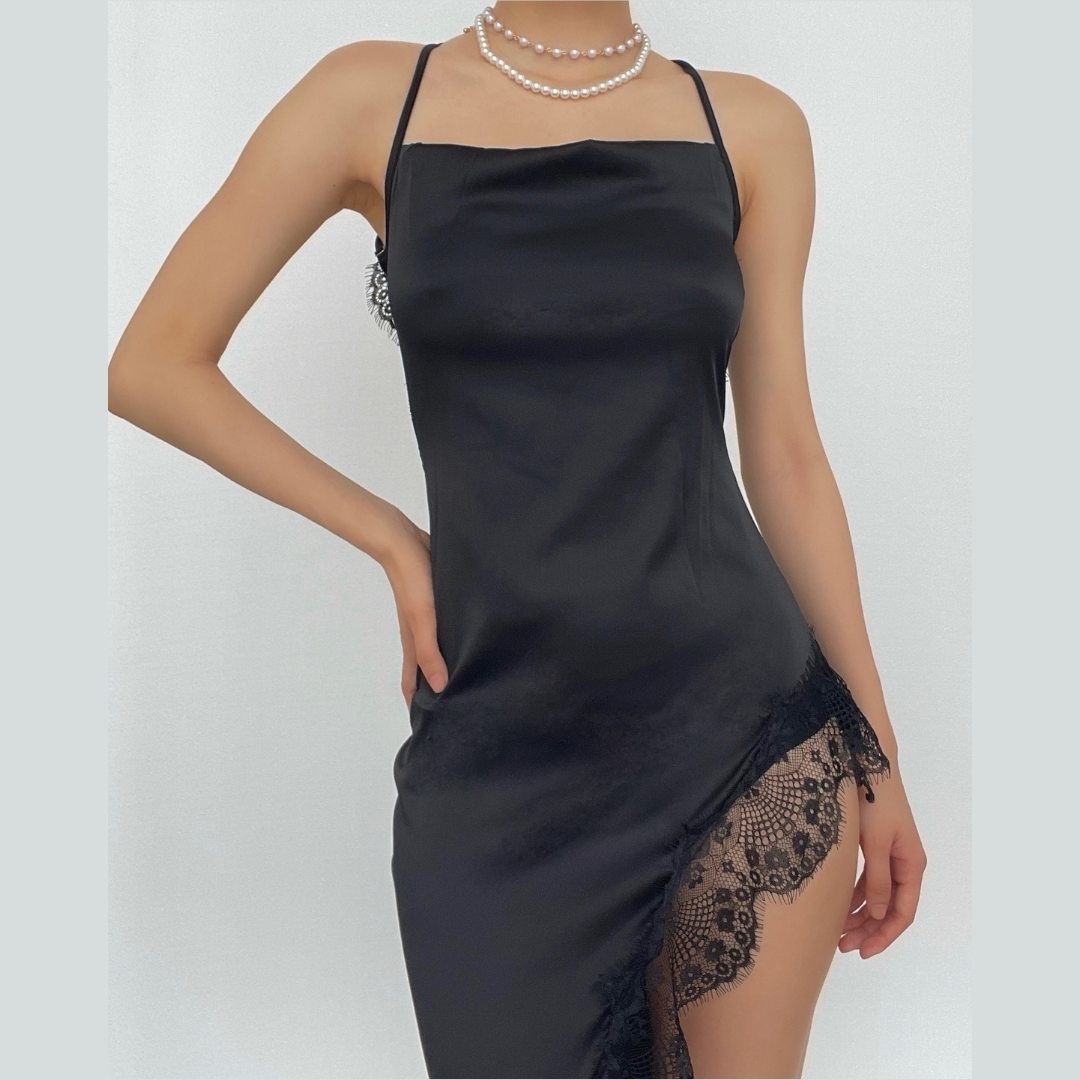 Hem lace slit satin cross open back dress  | black rave dress  | black rave dress