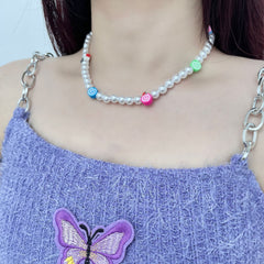 Faux pearl beaded clay necklace