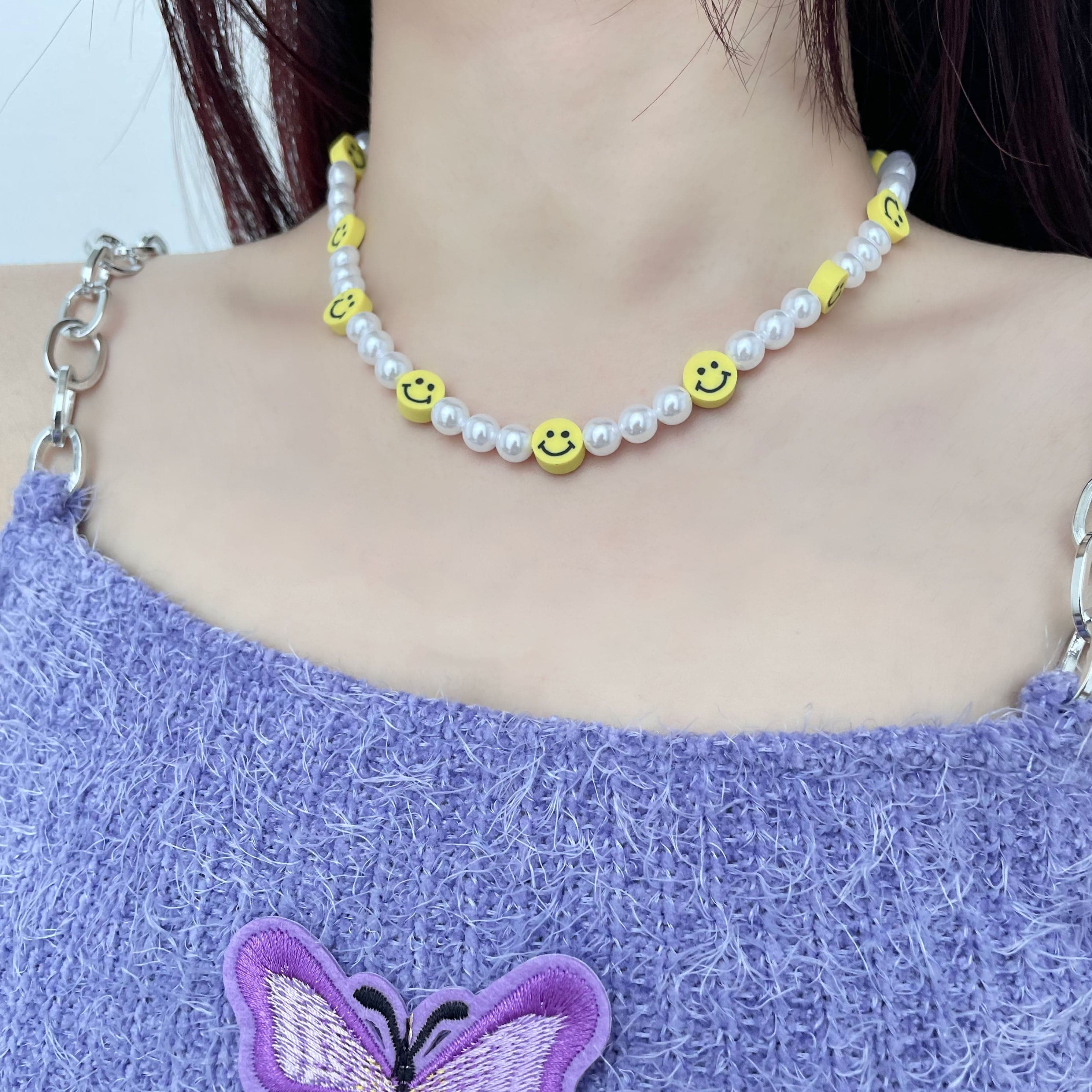Faux pearl beaded clay necklace