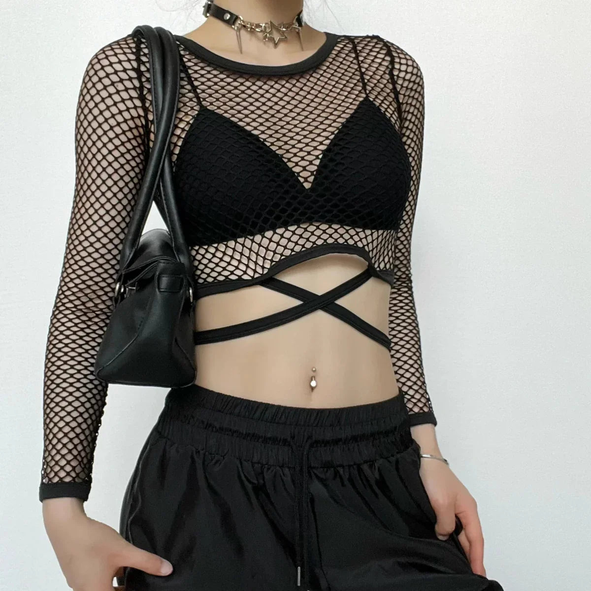 Round neck long sleeve tie back fishnet top