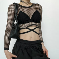 Round neck long sleeve tie back fishnet top