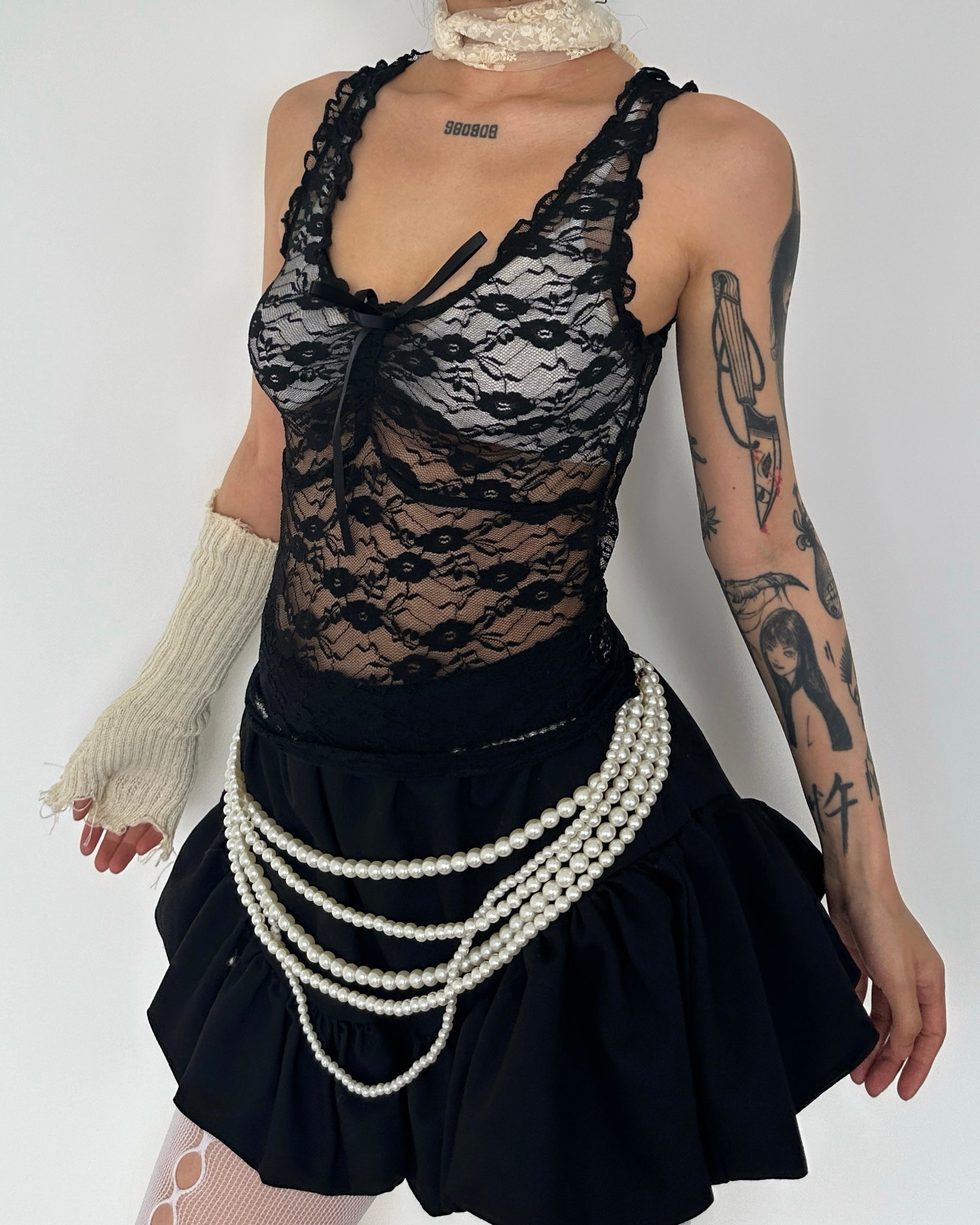 U neck ruffle lace bowknot see through crop top