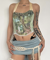 Print lace up back self tie strap bustier crop top