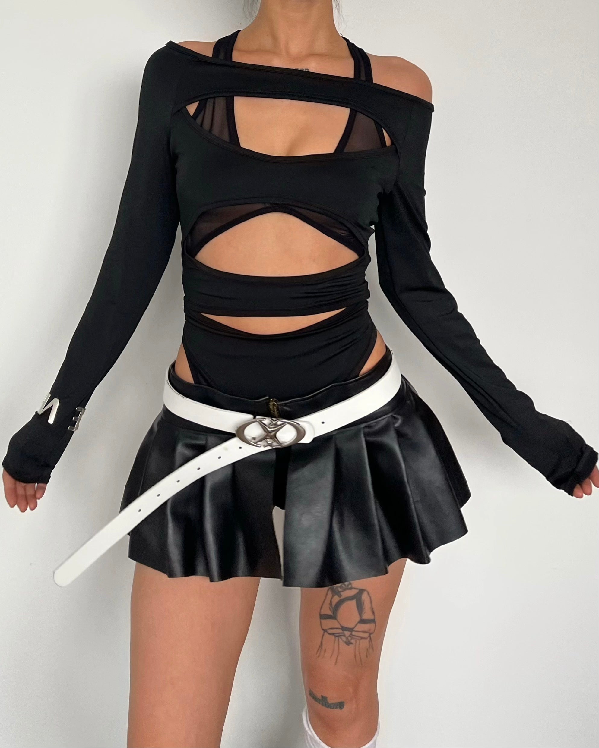 Hollow out solid long sleeve off shoulder mesh bodysuit