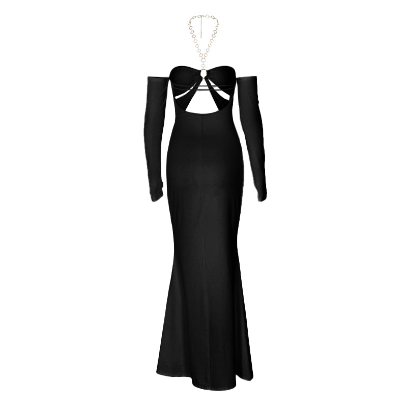 Off shoulder halter o ring hollow out metal chain maxi dress
