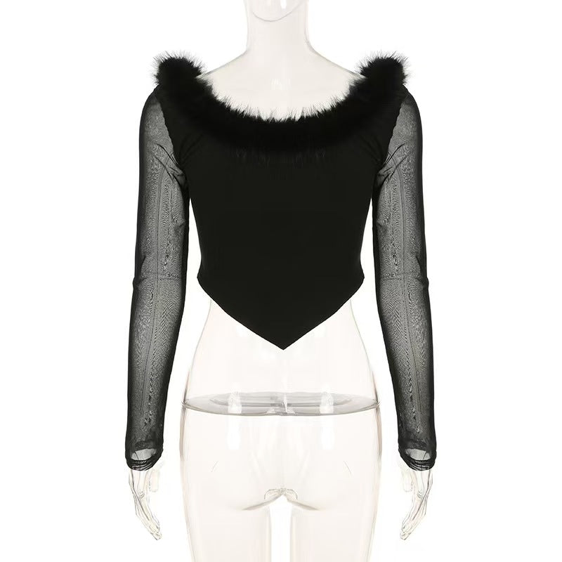 V long sleeve neck fluffy button top