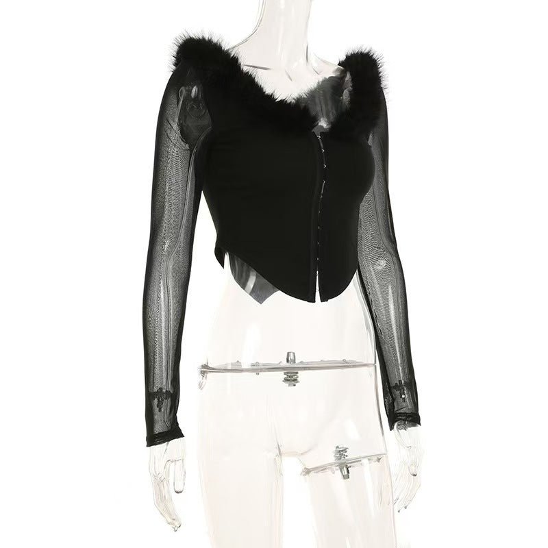 V long sleeve neck fluffy button top