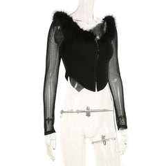 V long sleeve neck fluffy button top