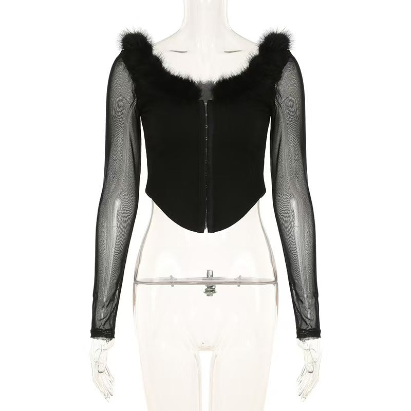 V long sleeve neck fluffy button top