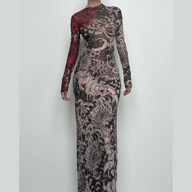 Long sleeve high neck print sheer mesh maxi dress  | samba dress