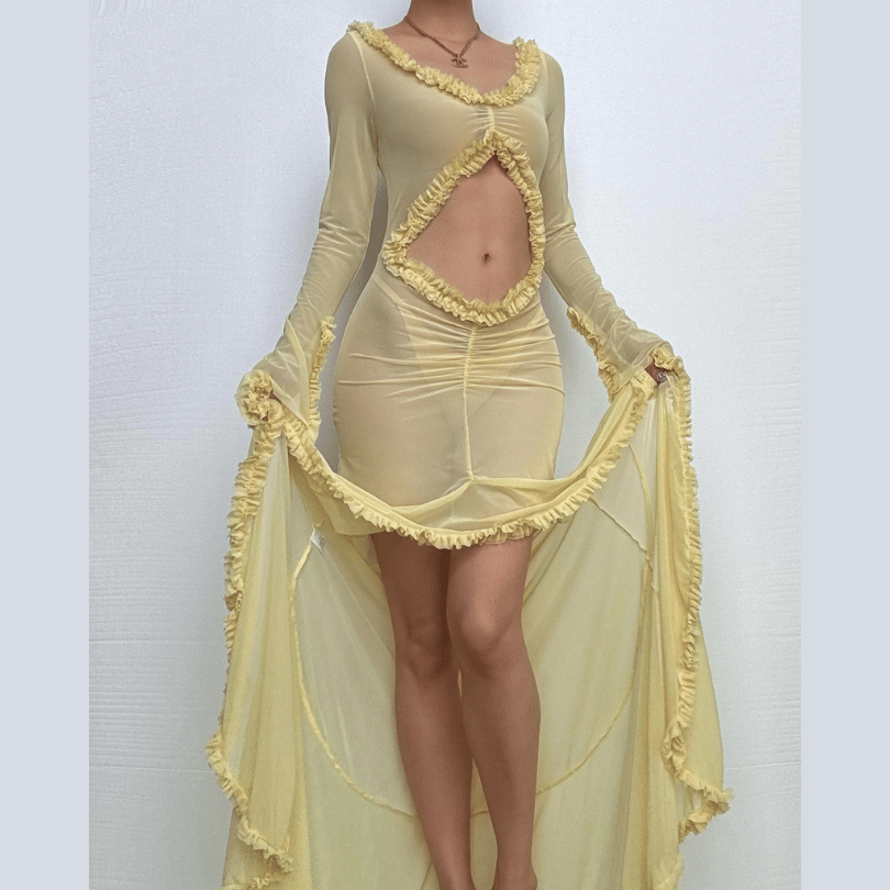 Long sleeve ruffle hollow out v neck sheer mesh cut out maxi dress  | samba dress