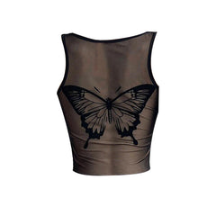 U neck irregular butterfly print mesh patchwork top
