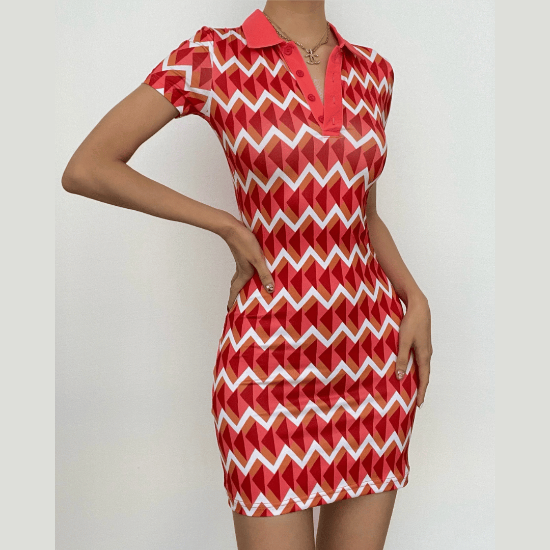 Short sleeve contrast turnover collar button mini dress  | red tango dress
