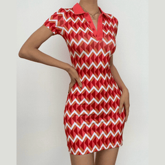 Short sleeve contrast turnover collar button mini dress  | red tango dress