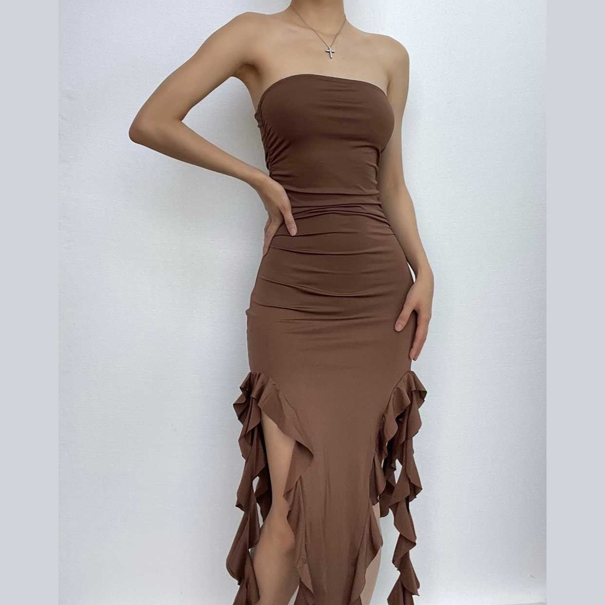 Solid slit irregular ruffle ribbon backless tube midi dress  | red tango dress