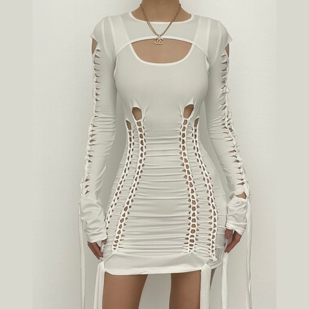 Hollow out solid long sleeve shrug ribbon u neck 2 piece dress  | red tango dress