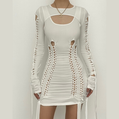 Hollow out solid long sleeve shrug ribbon u neck 2 piece dress  | red tango dress