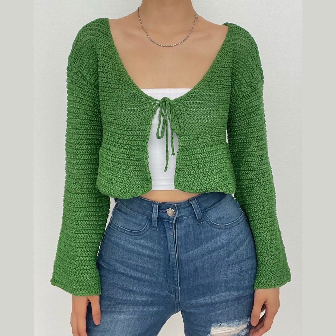 V neck self tie knit crochet long sleeve solid crop top