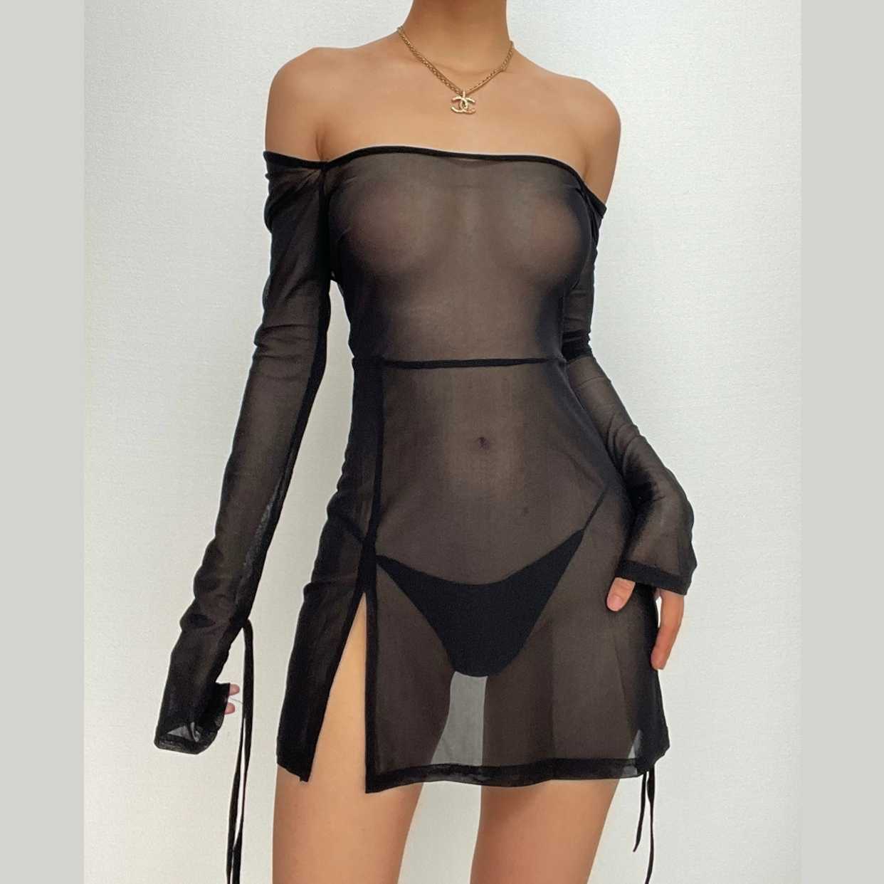 Sheer mesh see through square neck slit long sleeve mini dress  | samba dress