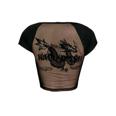 Short sleeve u neck dragon print mesh patchwork top