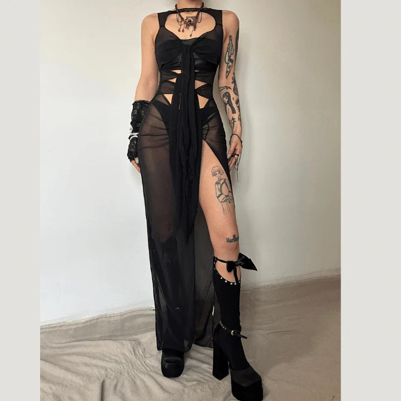 Sheer mesh see through knotted hollow out slit maxi dress  | red tango dress  | samba dress