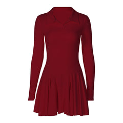 Turnover collar long sleeve solid mini dress  | red tango dress
