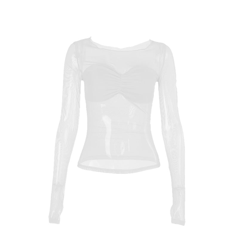 Long sleeve mesh ruched solid top