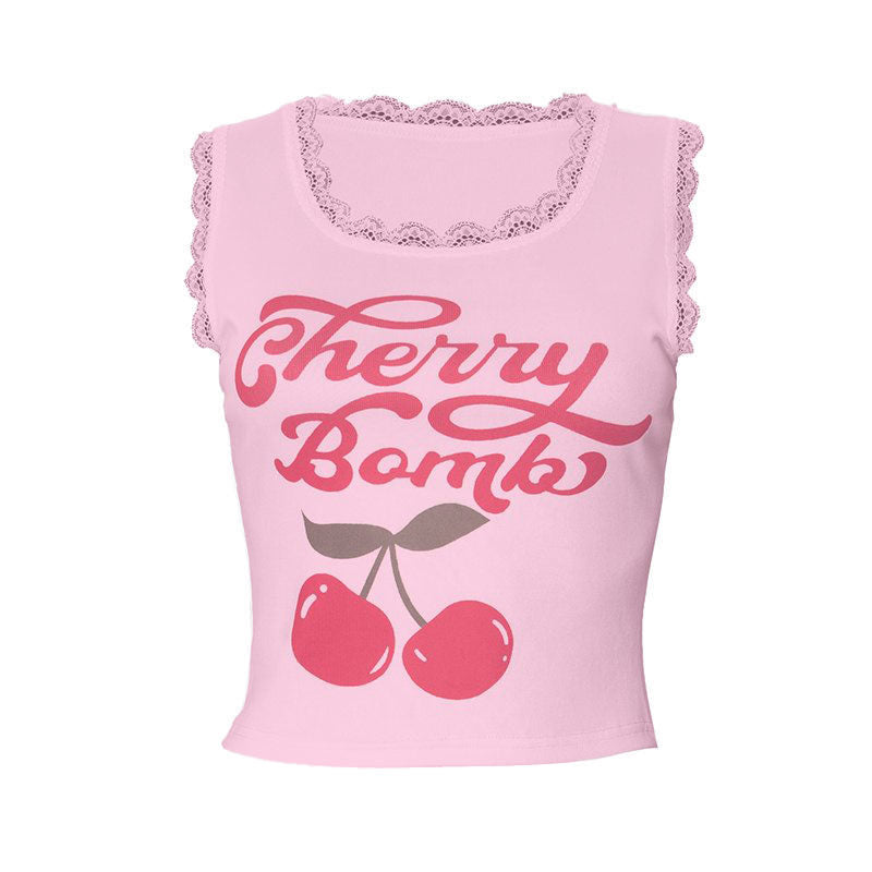 Lace hem fruit letter print u neck tank top