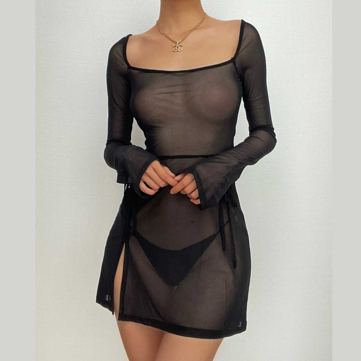 Sheer mesh see through square neck slit long sleeve mini dress  | samba dress