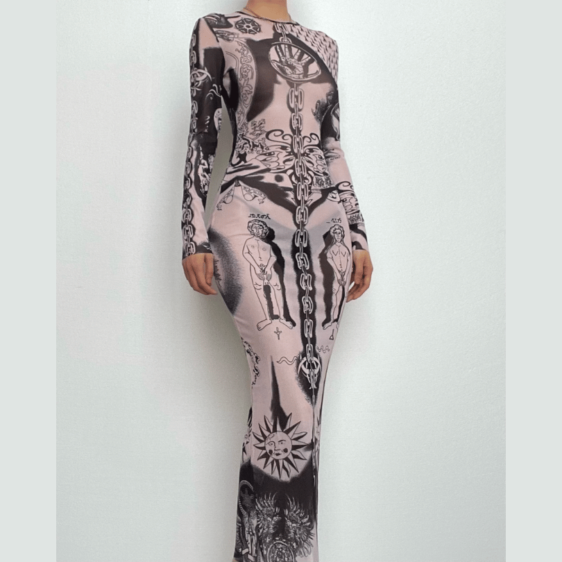 Sheer mesh abstract contrast see through long sleeve maxi dress  | samba dress