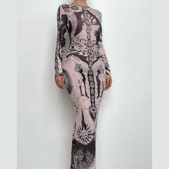 Sheer mesh abstract contrast see through long sleeve maxi dress  | samba dress