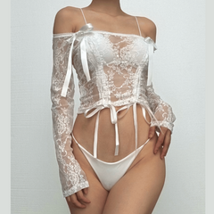 Long sleeve off shoulder bowknot lace ribbon top