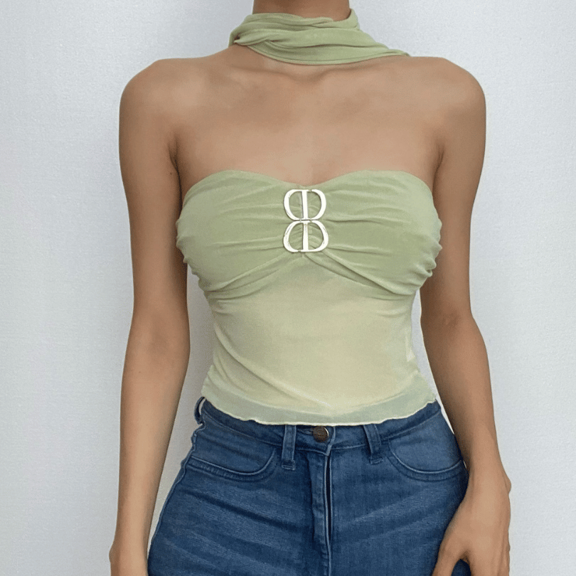 Sheer mesh backless buckle ruffle solid tube crop top