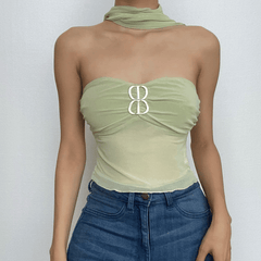 Sheer mesh backless buckle ruffle solid tube crop top