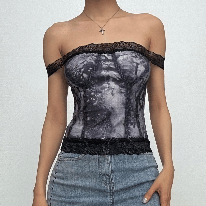 Off shoulder lace hem tie dye stitch contrast top