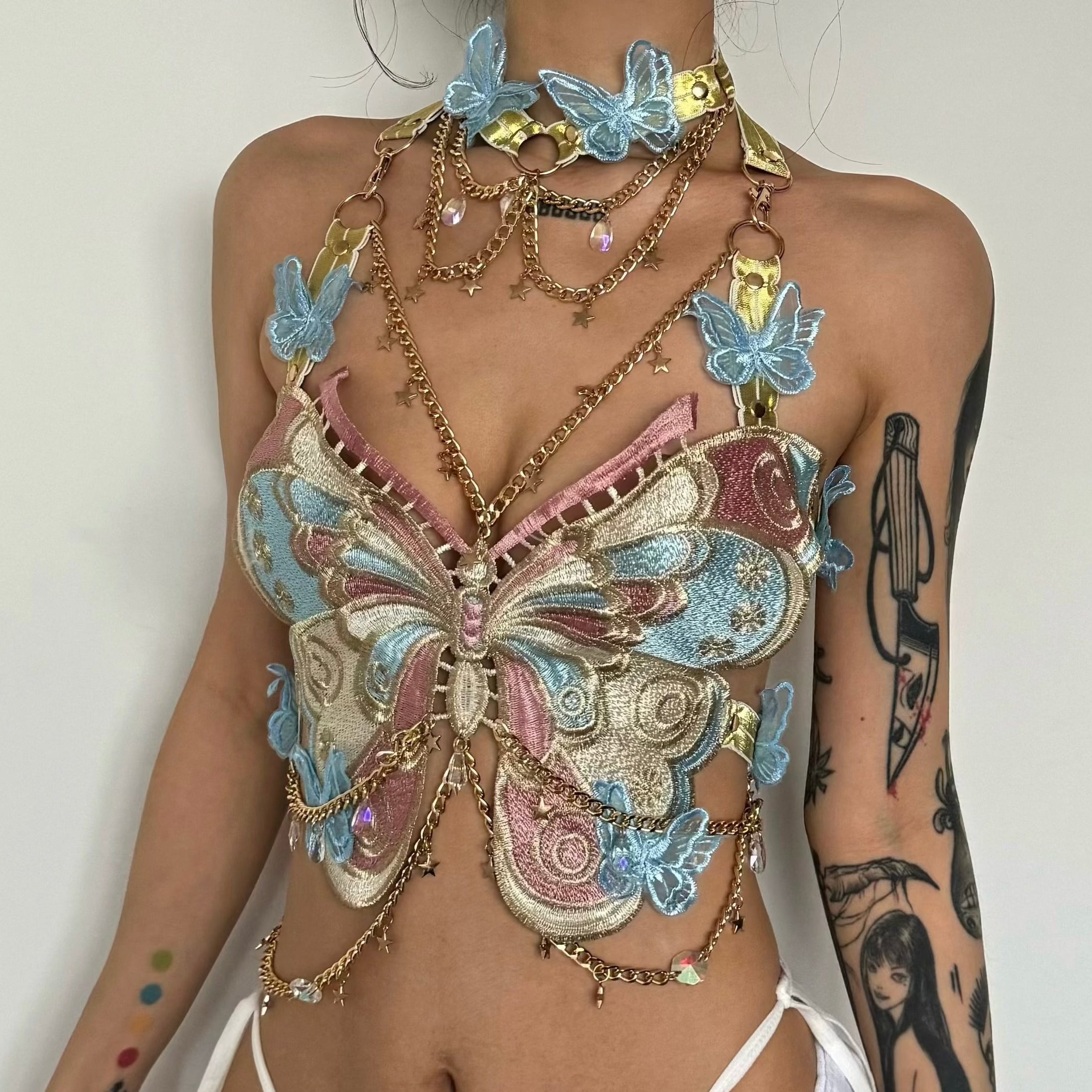 Butterfly embroidery metal chain halter top with choker