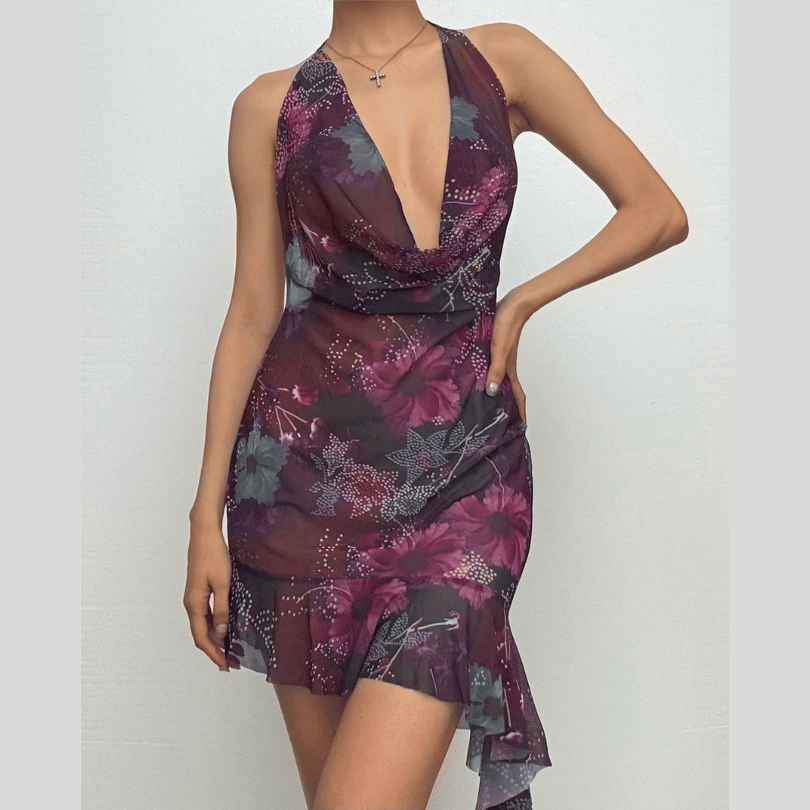 Halter cowl neck beaded sheer mesh print mini dress  | samba dress