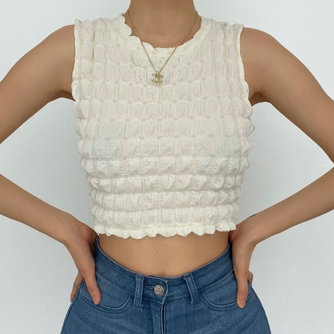 Waffle crewneck sleeveless solid crop top