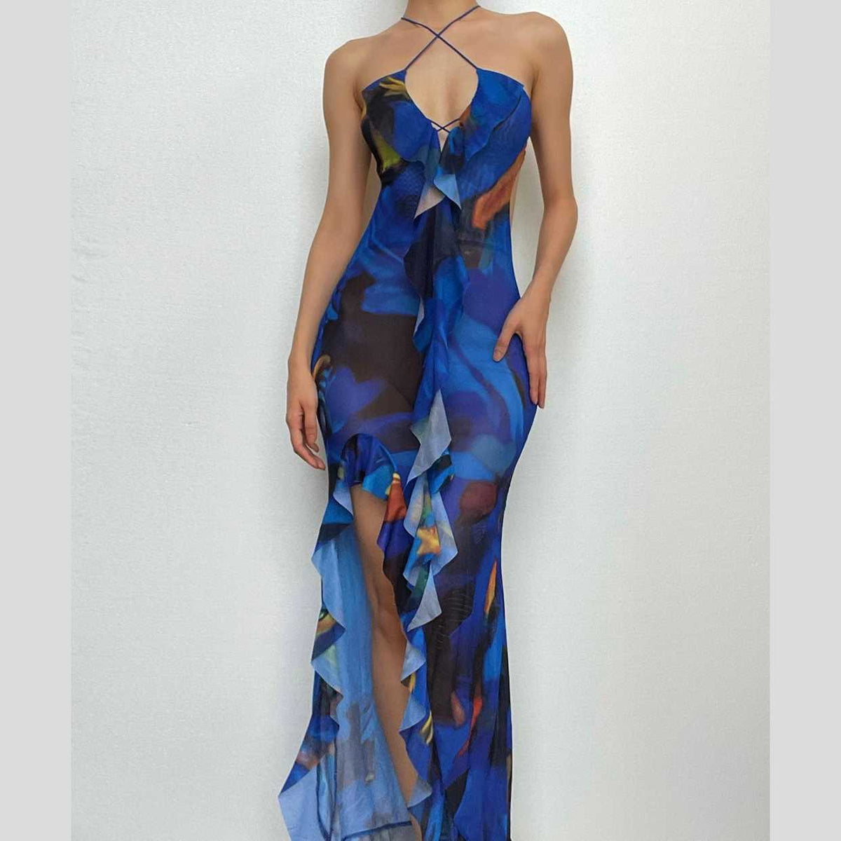Cross front backless sheer mesh see through slit contrast print maxi dress  | samba dress