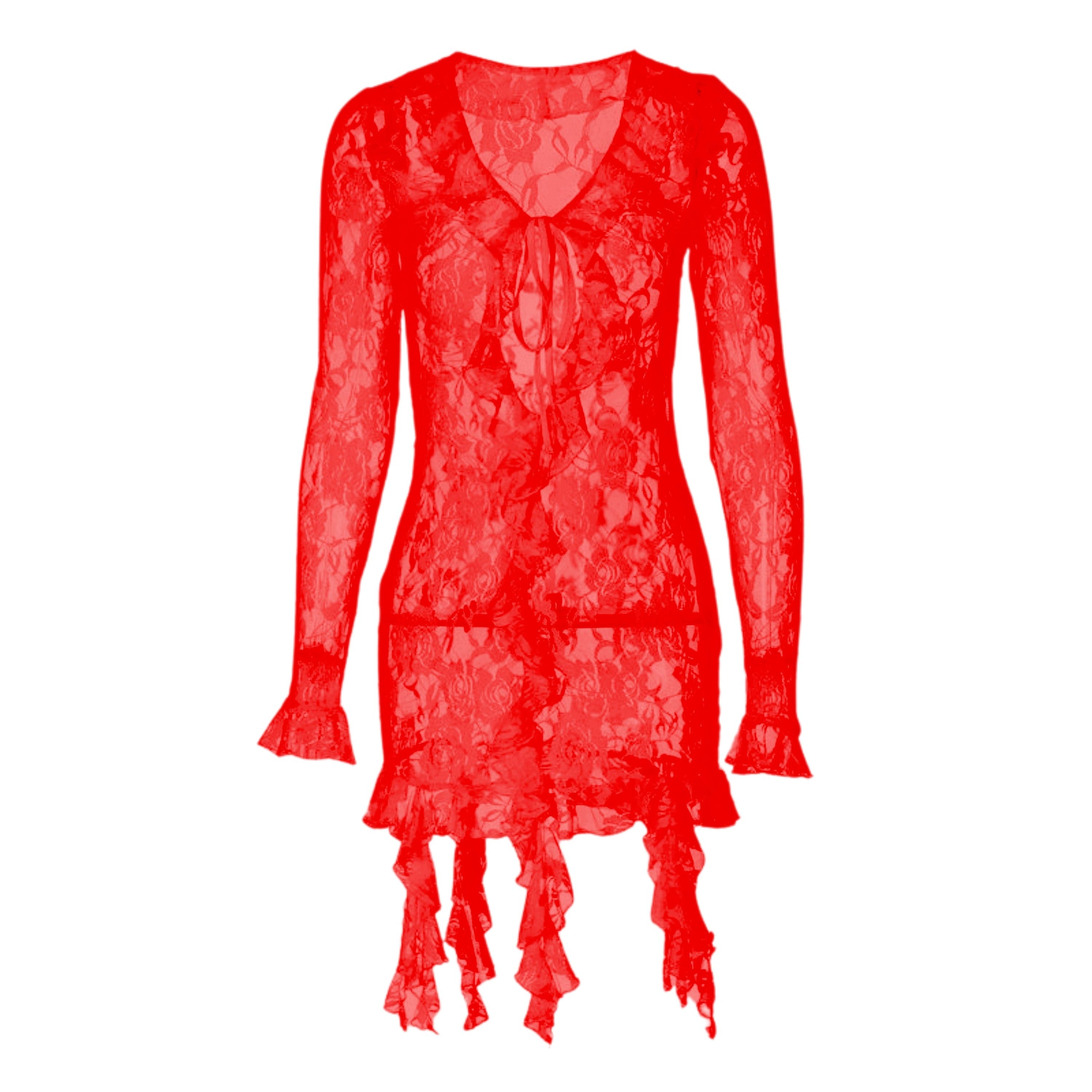 Long flared sleeve ruffle lace see through mini dress  | red tango dress