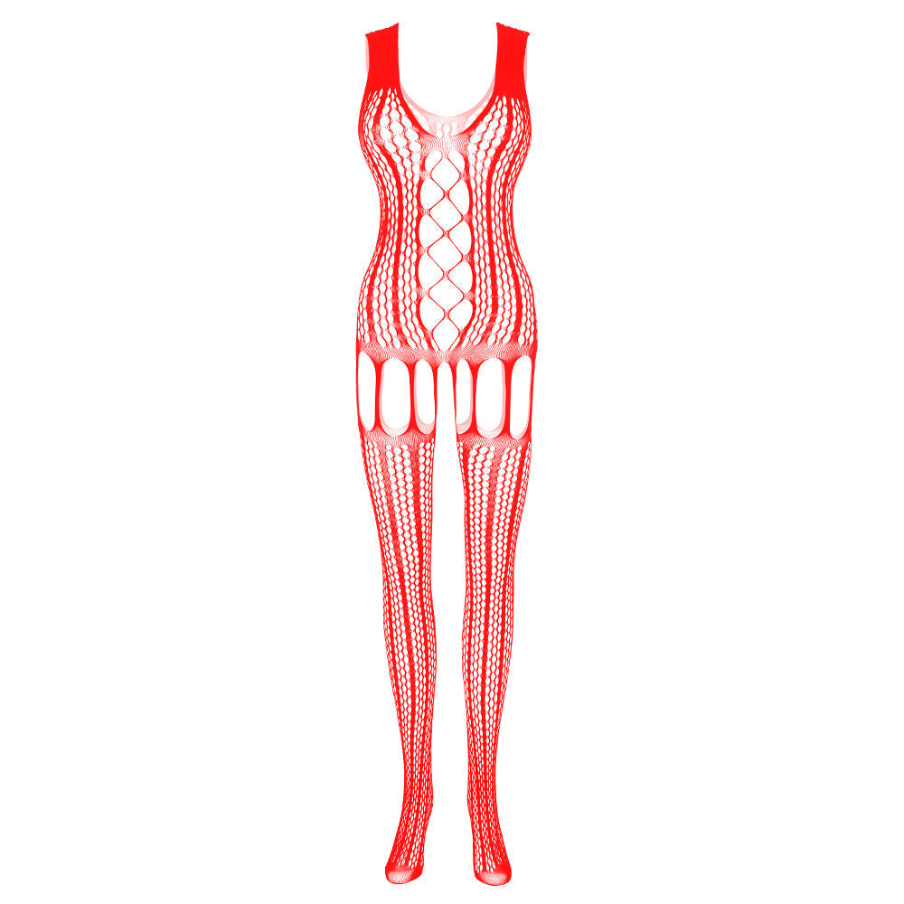 U neck net hollow out solid bodystocking