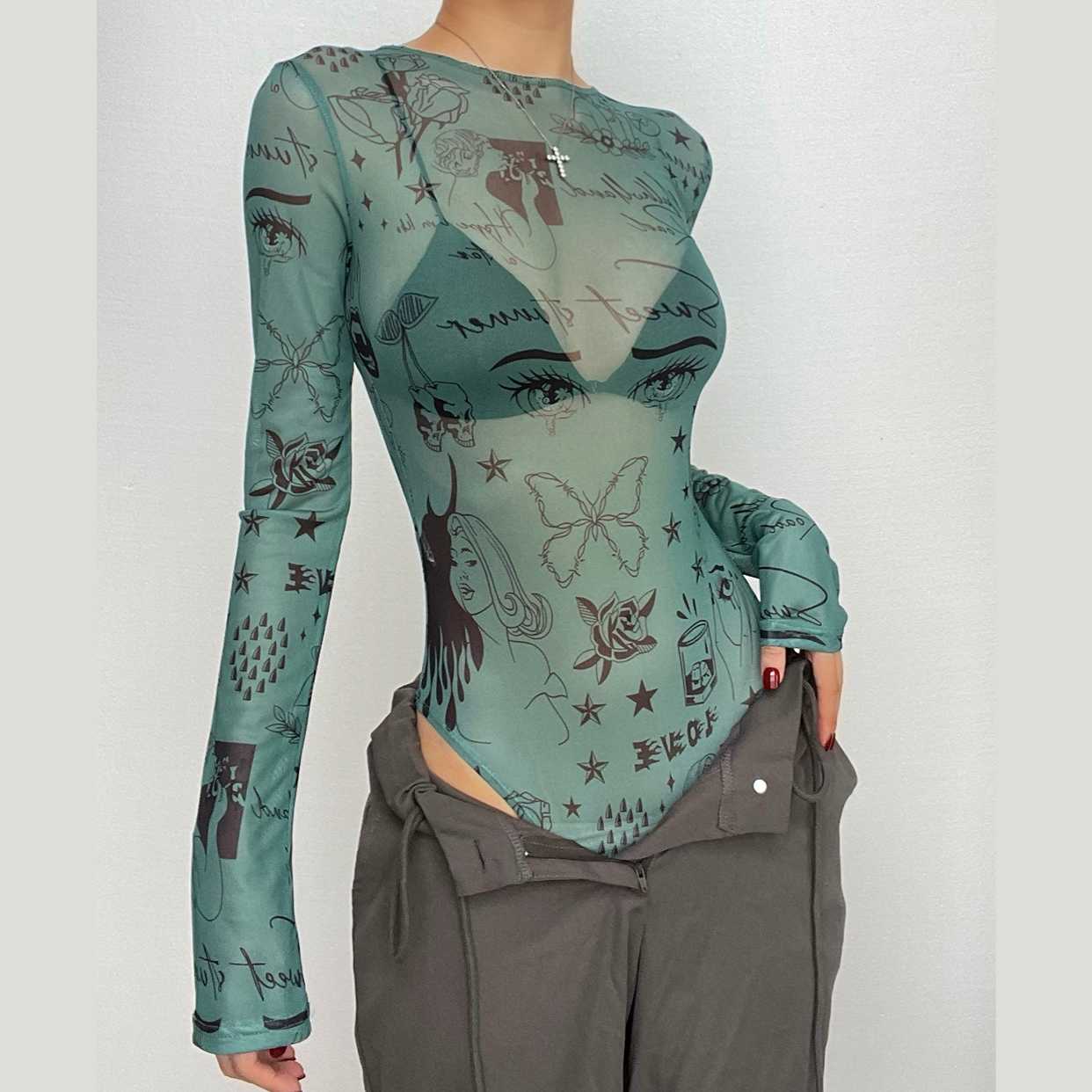 Sheer mesh see through abstract long sleeve bodysuit