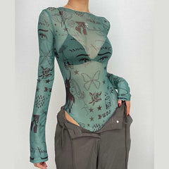 Sheer mesh see through abstract long sleeve bodysuit