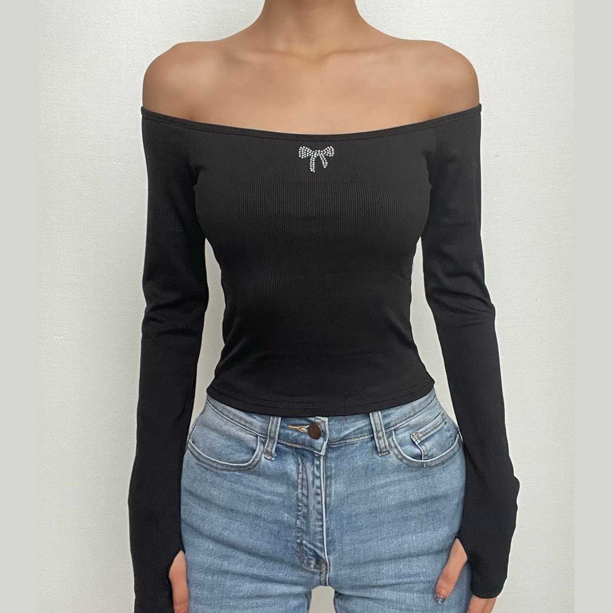 Off shoulder long sleeve gloves solid hollow out cut out top