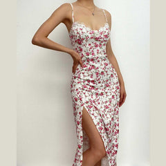 Flower pattern print lace up slit low cut cami midi dress  | red tango dress