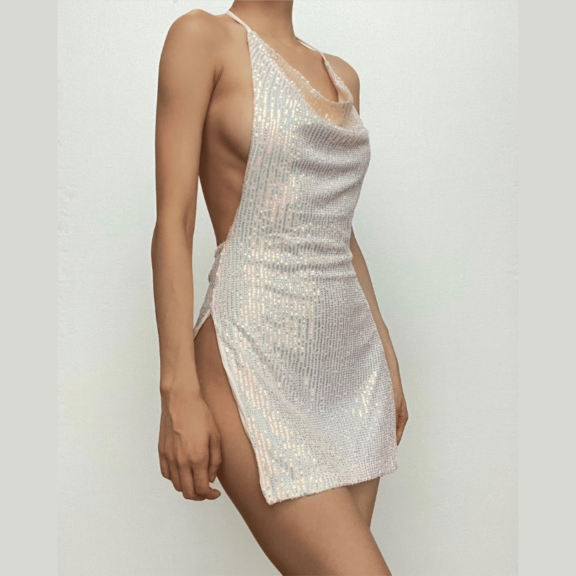 Glitter cowl neck halter slit backless mini dress  | red tango dress