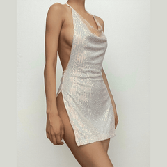 Glitter cowl neck halter slit backless mini dress  | red tango dress