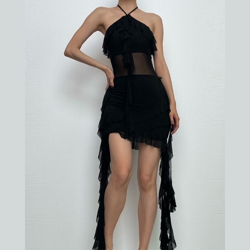 Halter sheer mesh ruffle backless mini dress  | red tango dress  | samba dress