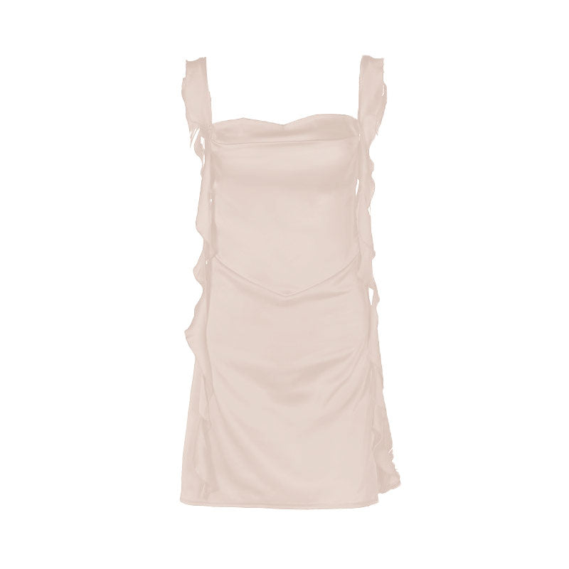 Cowl neck ruffle satin ruched cami mini dress